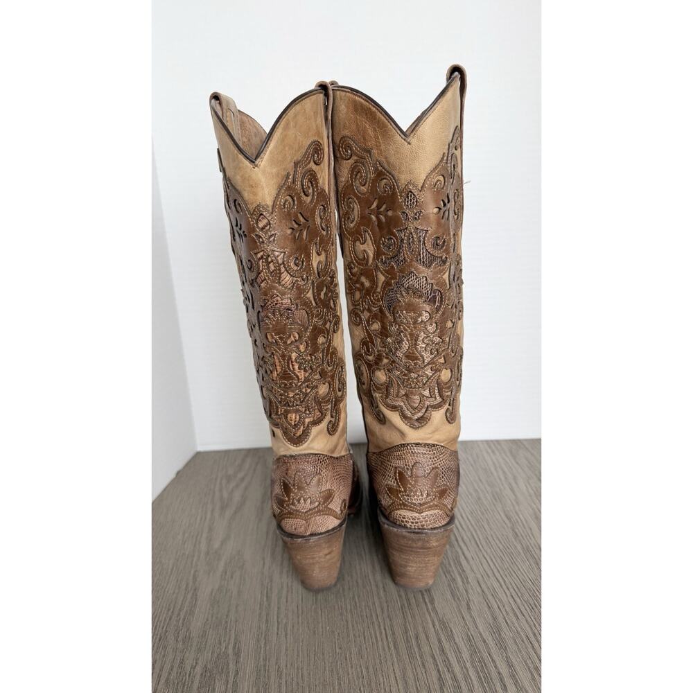 Cuadra Genuine Teju Lizard Cowboy Boots Women Brown Scroll Overlay Size 8 - Picture 2 of 11